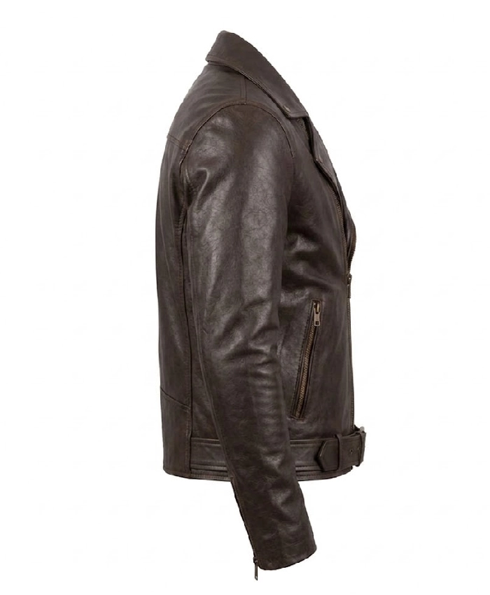 Noah Brown Leather Biker Full Zip Jacket