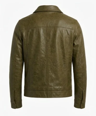 Olive Leather Trucker Jacket For Sale 