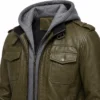 Olive Waxed Leather Jacket with Removable Hood