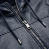 Order Navy Blue Leather Hooded Jacket