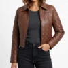 Quilted Cropped Cognac Lambskin Leather Jacket For Womens