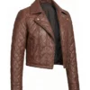 Quilted Cropped Cognac Leather Jacket For Women Front View