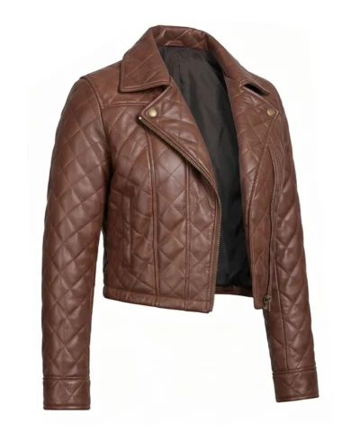 Quilted Cropped Cognac Leather Jacket For Women Front View