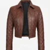 Quilted Cropped Cognac Leather Jacket For Womens