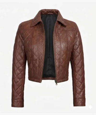 Quilted Cropped Cognac Leather Jacket For Womens