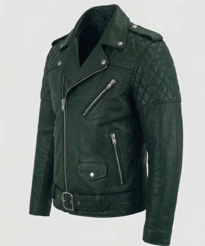 Quilted Green Cafe Racer Jacket For Mens