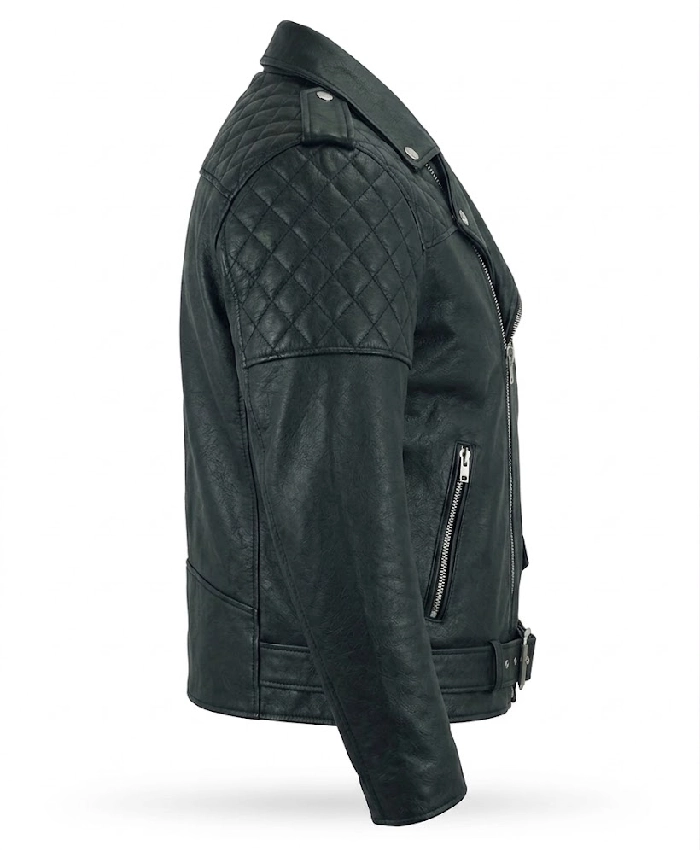 Quilted Shoulder Cafe Racer Green Biker Leather Jacket
