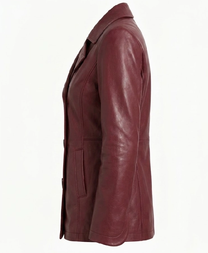Regular Fit Maroon Double Breasted Leather Peacoat