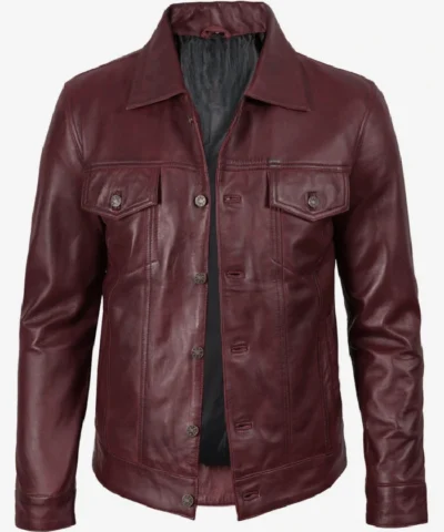 Shop Mens Burgundy Leather Trucker Jacket
