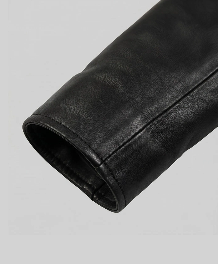 Sleek black leather outerwear for men featuring edgy and stylish appeal