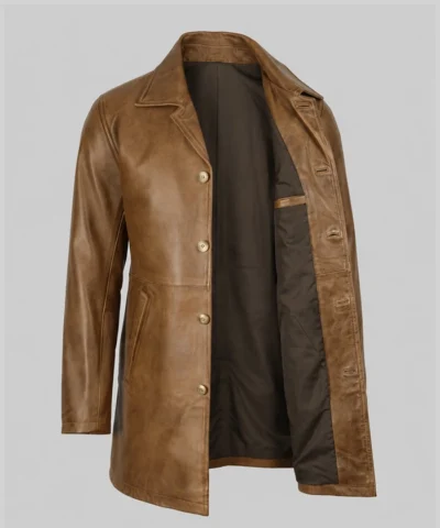 Winchester Mens Camel Brown Trench Length Leather Car Coat