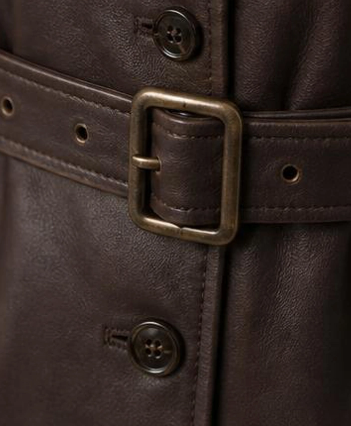 Women Alexis Single Breasted Leather Brown Coat