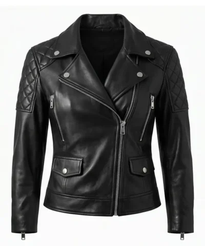 Women Asymmetrical Black Leather Biker Jacket