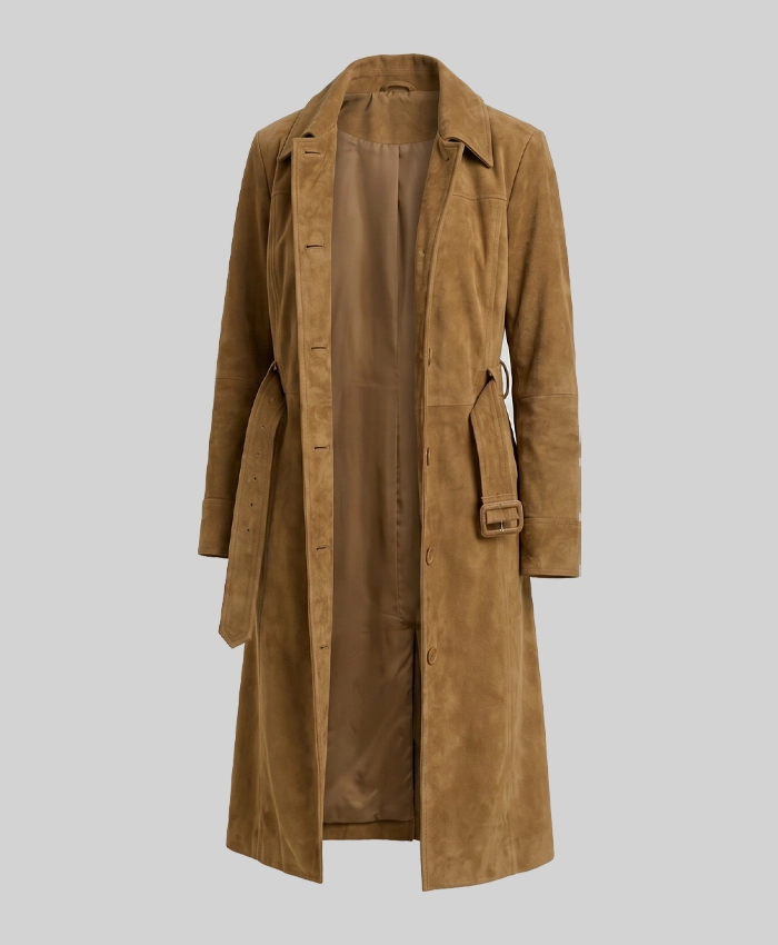 Women Quarter Length Button Down Brown Suede Coat