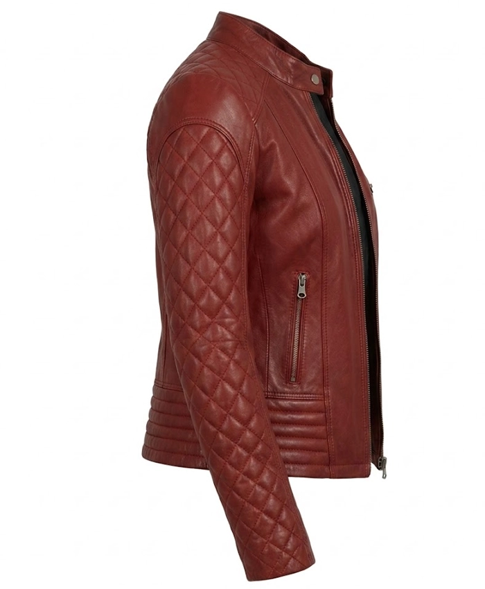Women Quilted Cafe Racer Leather Jacket
