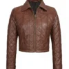 Women Quilted Cropped Cognac Leather Jacket Front View