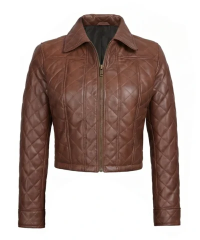Women Quilted Cropped Cognac Leather Jacket Front View