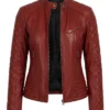 Women Red Quilted Cafe Racer Leather Jacket
