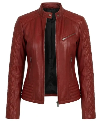 Women Red Quilted Cafe Racer Leather Jacket