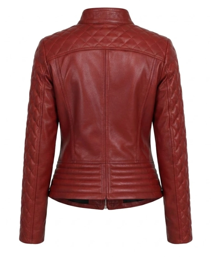 Women Red Quilted Cafe Racer Leather Jacket For Sale