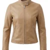 Womens Beige Lightweight Biker Leather Jacket with Zipper