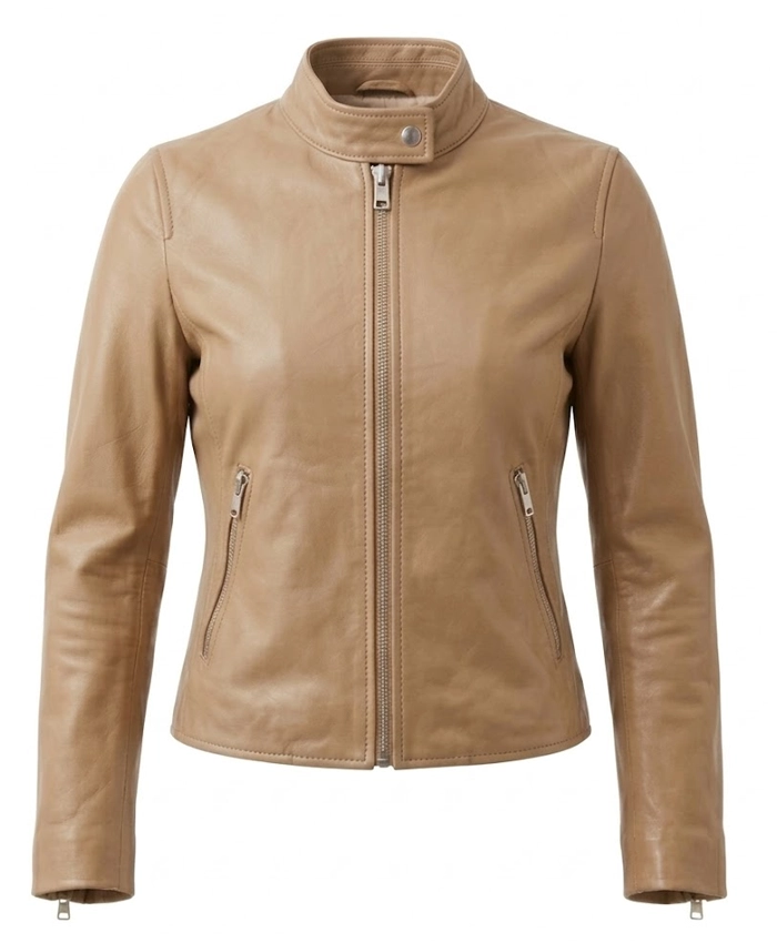 Womens Beige Lightweight Biker Leather Jacket with Zipper