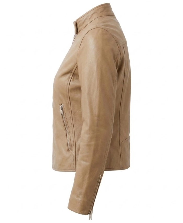Womens Beige Lightweight Biker Leather Jacket