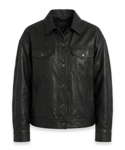 Womens Black Leather Drop Shoulder Trucker Jacket