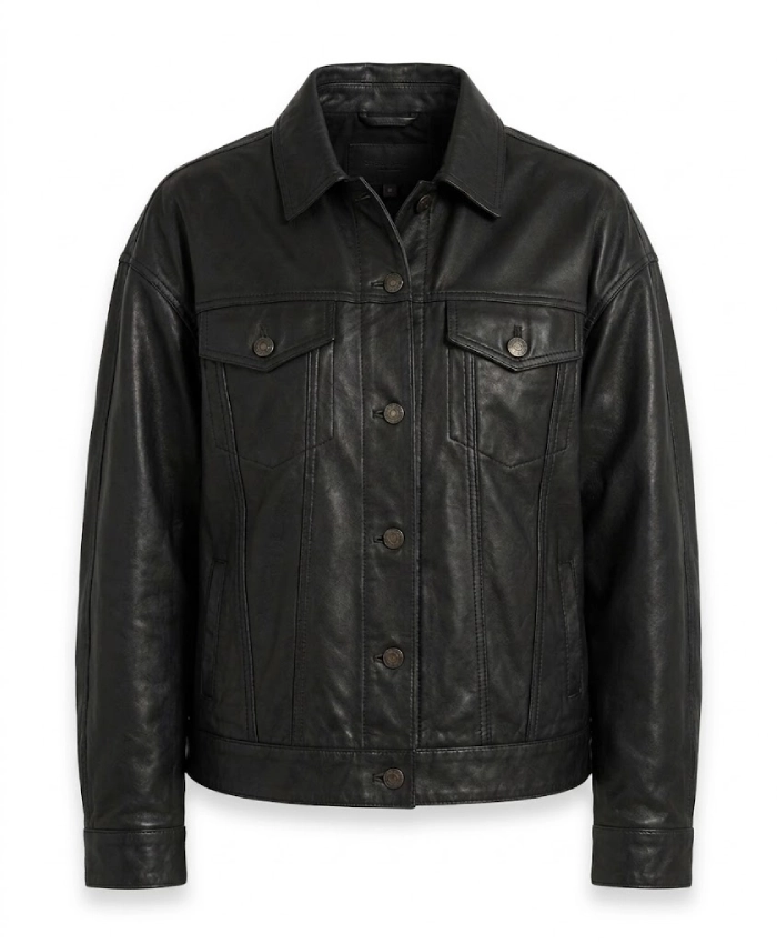 Womens Black Leather Drop Shoulder Trucker Jacket