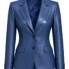 Womens Blue Single Button Leather Blazer