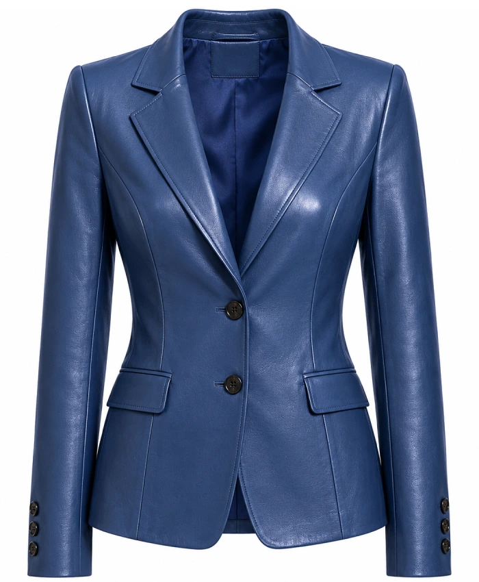 Womens Blue Single Button Leather Blazer