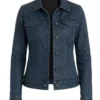 Womens Blue Washed Harrington Leather Jacket
