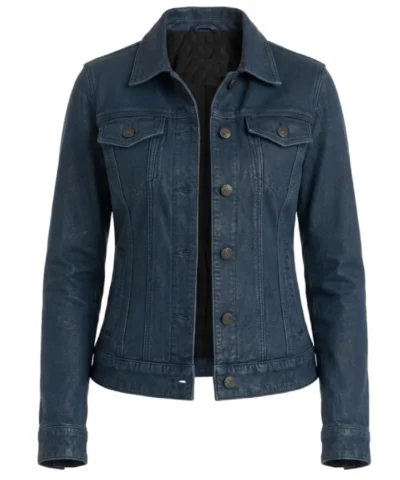 Womens Blue Washed Harrington Leather Jacket