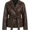 Womens Brown Leather Jacket with Belted Closure