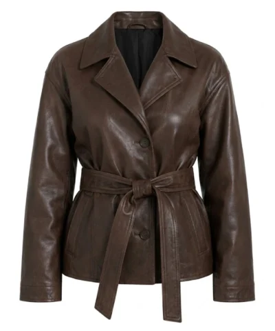 Womens Brown Leather Jacket with Belted Closure