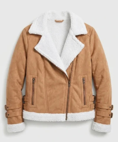 Womens Brown Suede Biker Jacket with Fur Lining