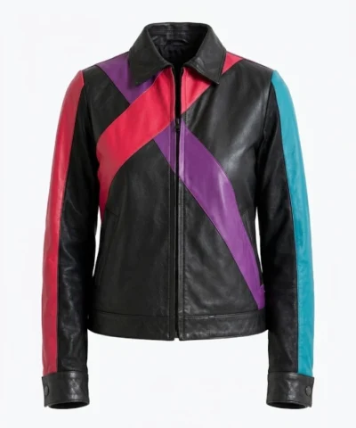 Womens Color block Biker Leather Bomber Jacket