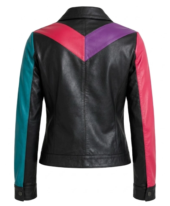 Womens Color block Biker Leather Jacket