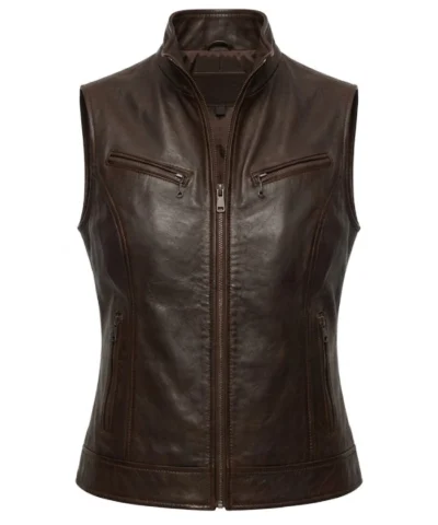 Womens Dark Brown Biker Leather Vest For Sale