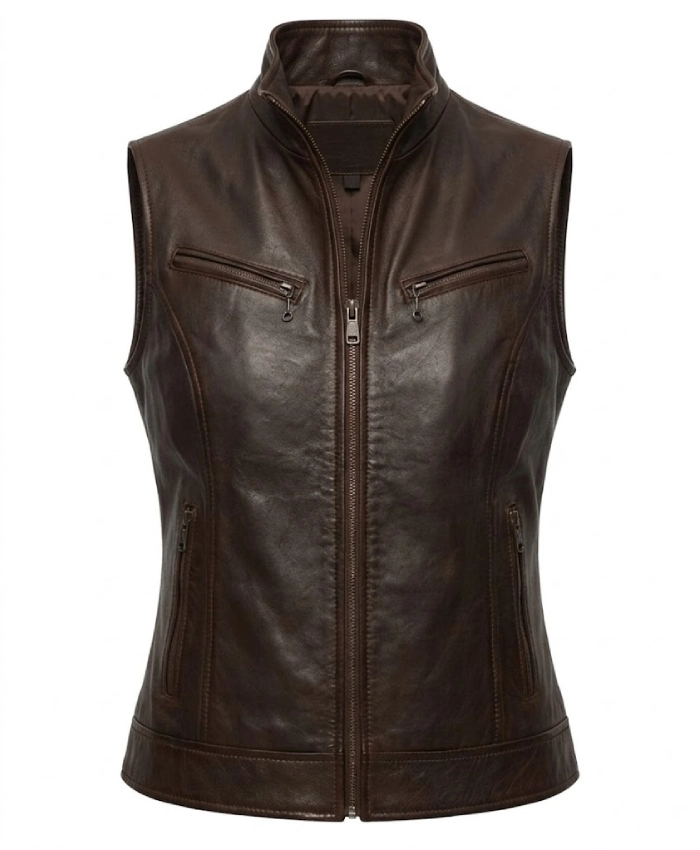 Womens Dark Brown Biker Leather Vest For Sale