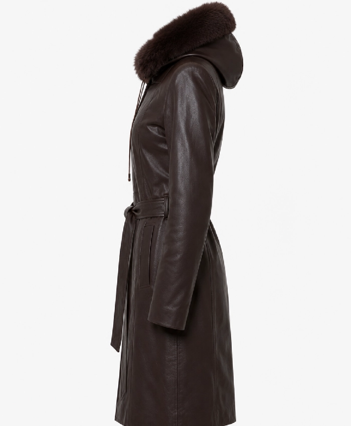Womens Fur Hooded Dark Brown Coat