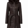 Womens Fur Hooded Dark Brown Leather Coat