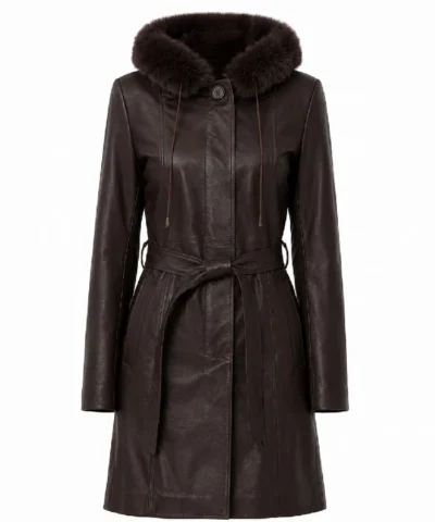 Womens Fur Hooded Dark Brown Leather Coat
