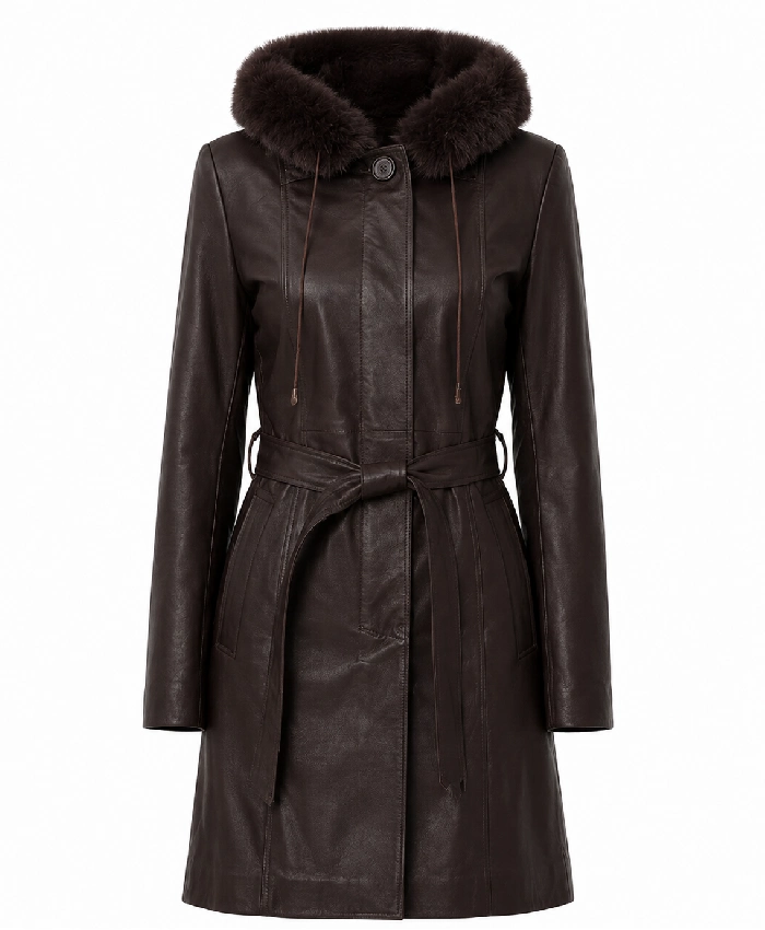 Womens Fur Hooded Dark Brown Leather Coat