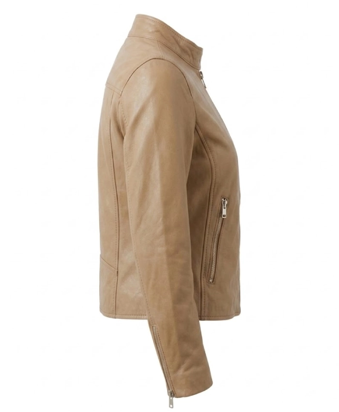Womens Lightweight Biker Leather Jacket with Zipper