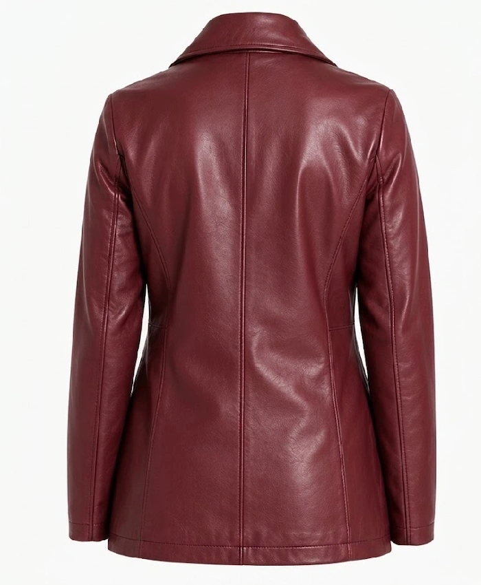 Womens Maroon Double Breasted Leather Peacoat