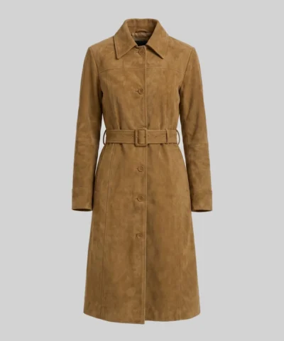 Womens Quarter Length Button Down Brown Suede Coat