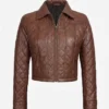 Womens Quilted Cropped Cognac Leather Jacket