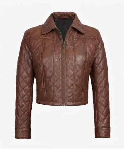 Womens Quilted Cropped Cognac Leather Jacket