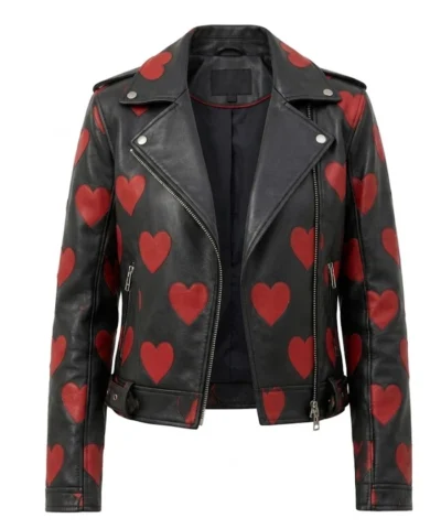 Womens Red Hearts Motorcycle Leather Jacket